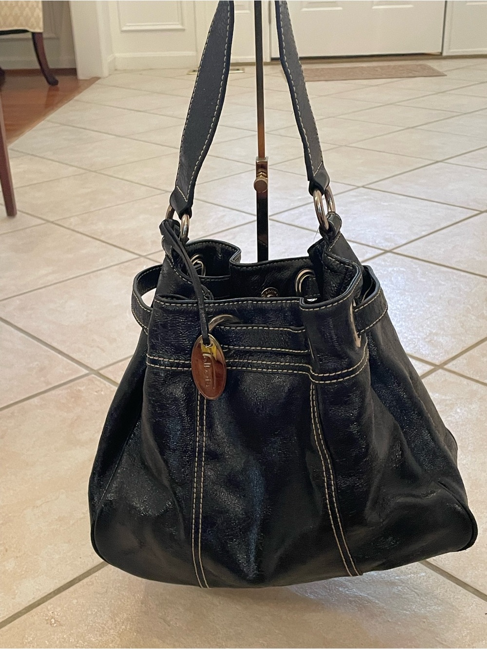Rare Talbots Navy Genuine Patent Leather Bucket Bag W/ Silver Hardware